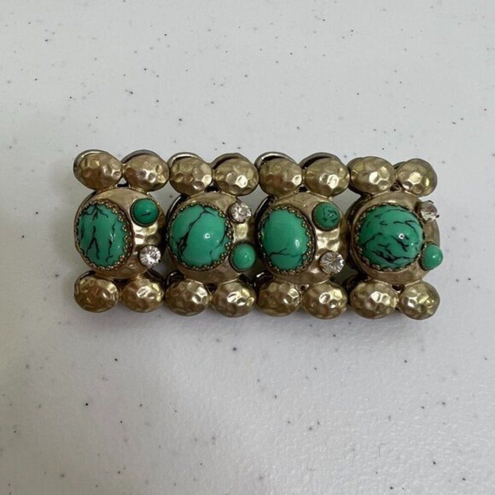 Faux Turquoise Bracelet Gold Tone Rhinestone Stretch‎ Boho Southwestern Blue